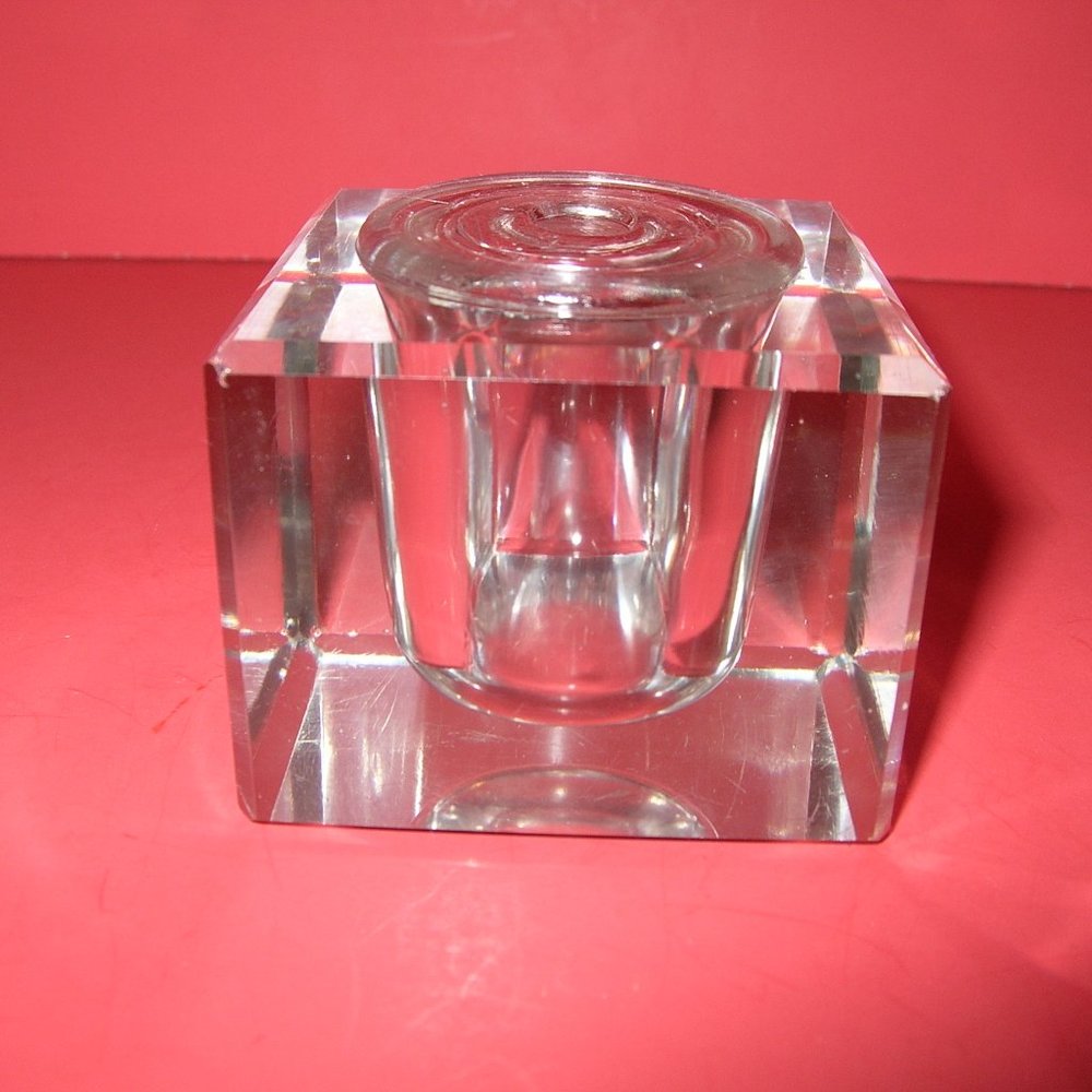 Antique Clear Glass Inkwell - Heavy Cube Shape with Beveled Edging - Glass Lid
